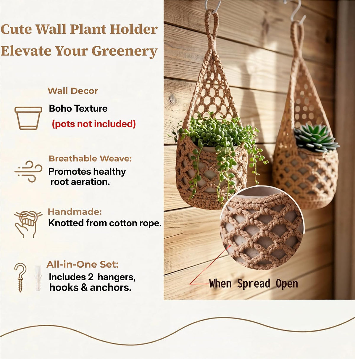 Macrame Plant Hanger Indoor 2 Pack, Small Wall Plant Holder