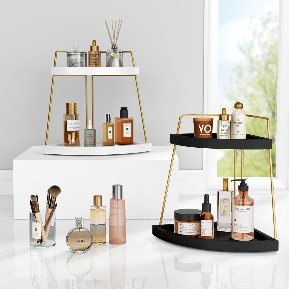 Forbena Black and Gold Corner Bathroom Counter Organizer, Modern Kitchen Countertop Shelf Organizer for Sink, Two Tier Makeup Vanity Storage Holder Tray for Table Top Skincare Perfume Decor
