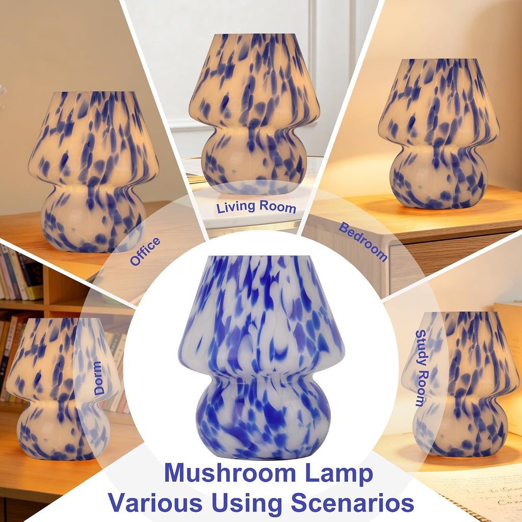 Mushroom Lamp Small Glass Table Lamp, Bedside Nightstand Lamp, Cute Desk Lamp for Bedroom, Dorm, Living Room & Kitchen, Classic Vintage Home Decor Lamp (2, Blue&White)