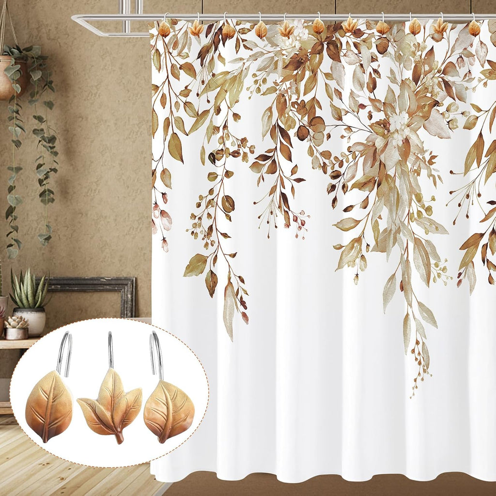 Brown Plant Leaf Shower Curtain Hooks,Eucalyptus Bathroom Decor,12PCS