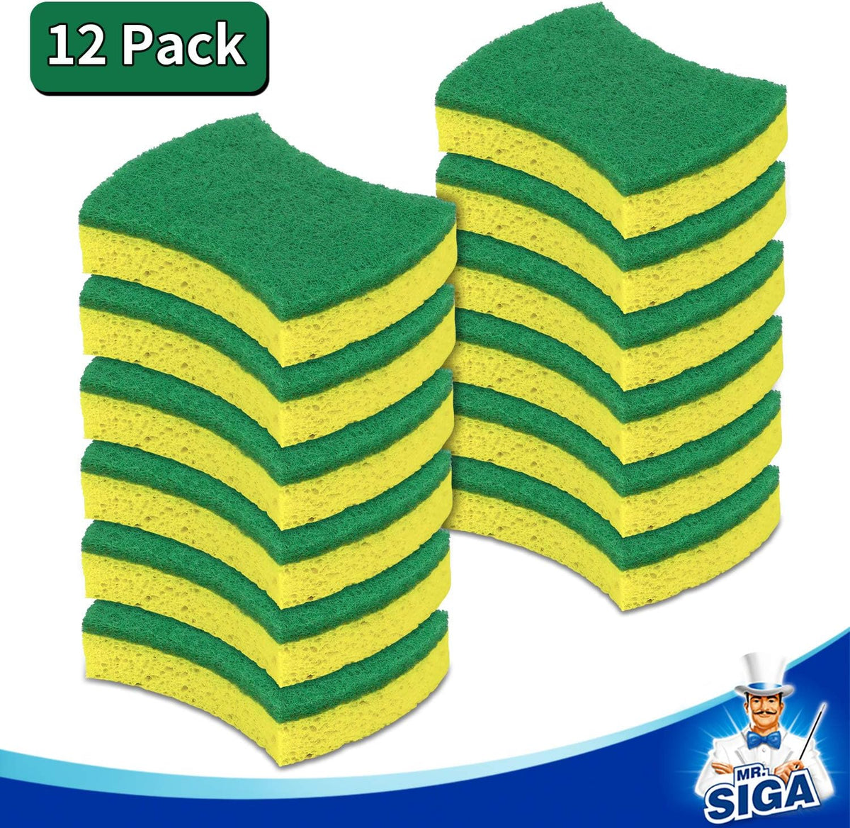 MR.SIGA Heavy Duty Cellulose Scrub Sponge, Dual-Sided Dish Sponge, 12 Pack