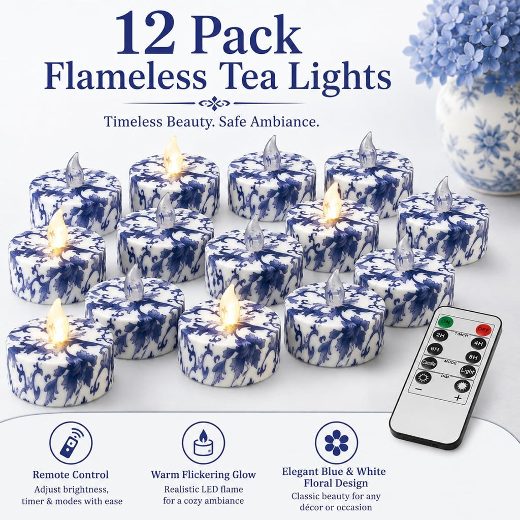 Flameless Tea Lights with Remote & Timer, 12 Pack Blue and White Floral LED Tealight Candles, Battery Operated Dimmable Flickering Lights for Wedding Home Decor