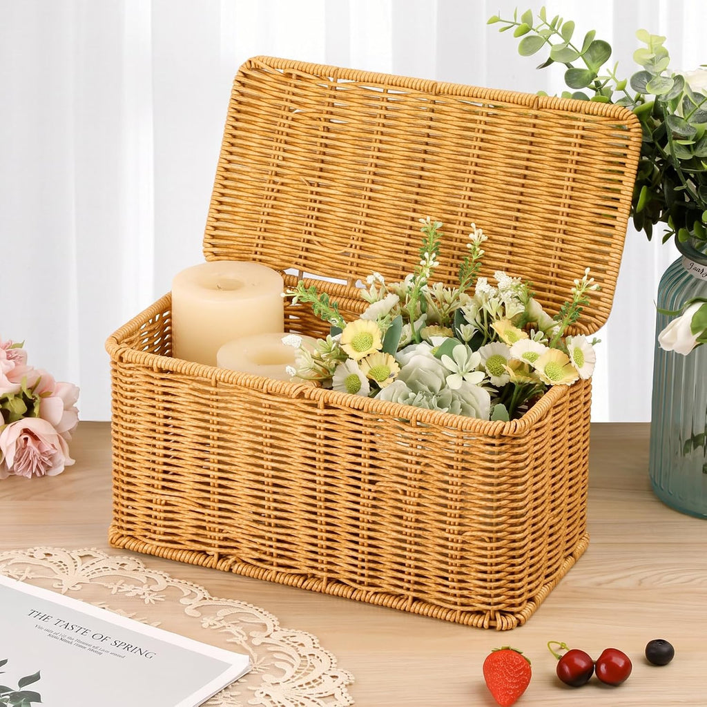 Sumnacon Wicker Storage Basket with Lid, Rectangle Bathroom Narrow Baskets