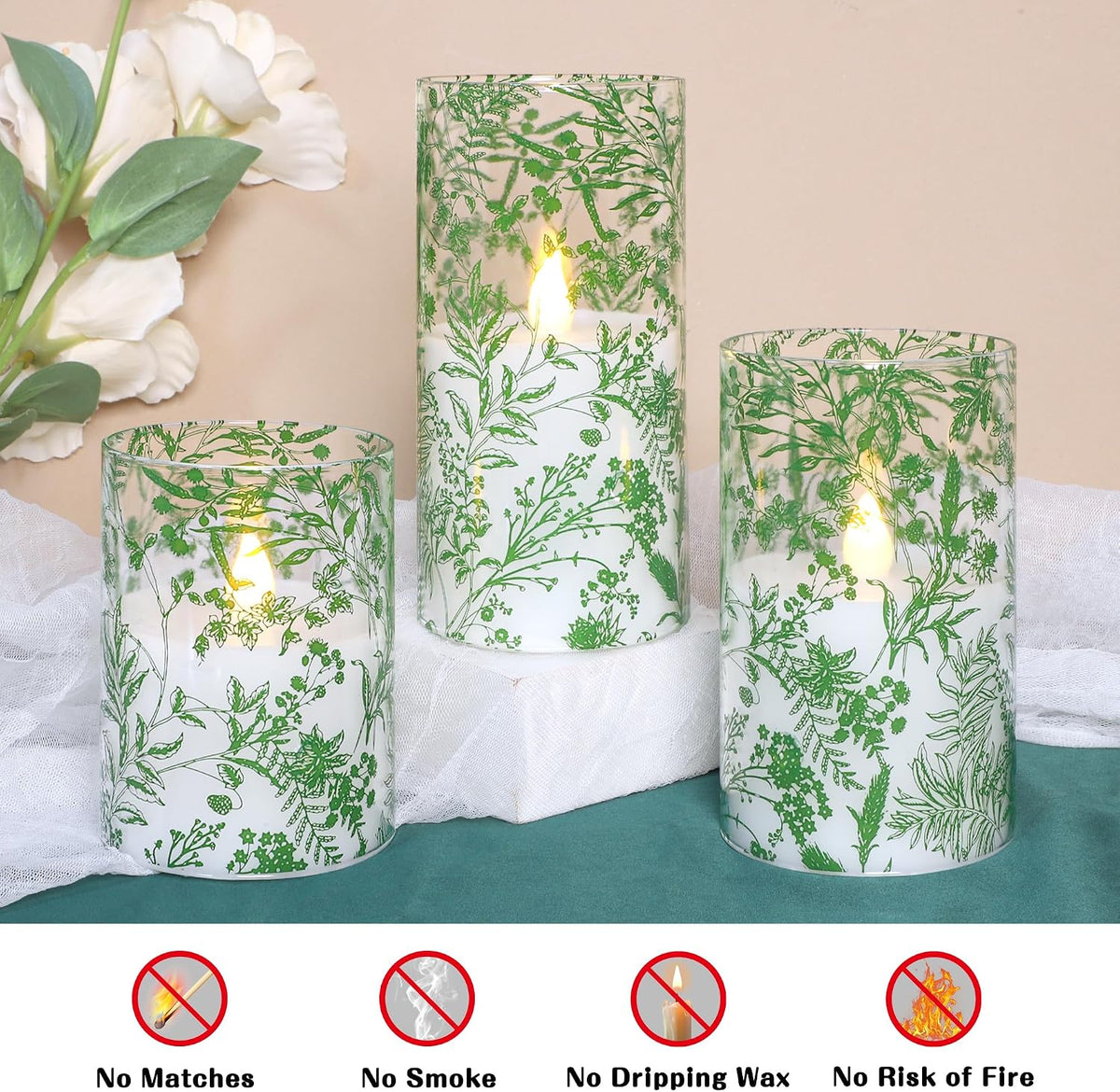 Green Botanical Glass Flameless Candles with Remote & Timer Fern Leaves Design Battery Operated Flickering Pillar LED Candles for St. Patrick's Day Home Party Decor Table Centerpiece