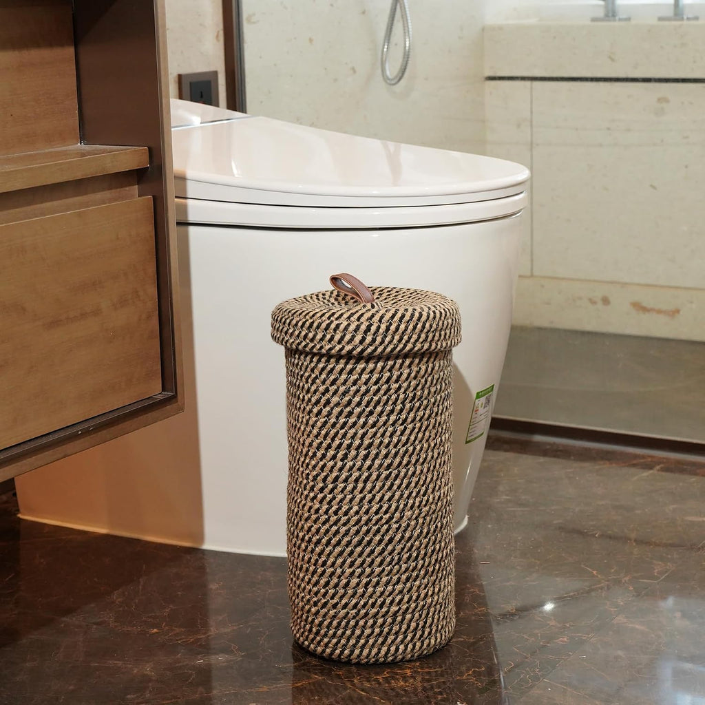 Handmade Cotton & Jute Toilet Paper Holder – Woven Toilet Paper Stand & Storage Basket with Lid, Freestanding Organizer for Bathroom, Fits 3 Mega Rolls 14" x 7''