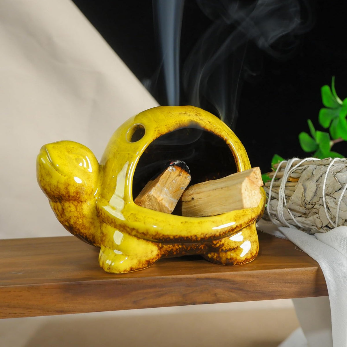 Mougigi Yellow Ceramic Turtle Palo Santo Burner Holder Chiminea Incense