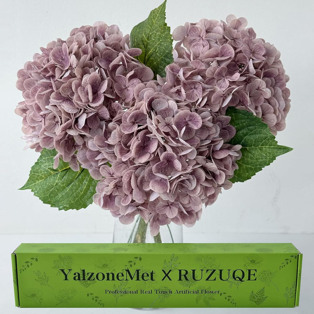 YalzoneMet 3 Pcs Vintage Mauve Hydrangea Artificial Flowers Gray Purple 21'' Real Touch Latex Hydrangea Faux Flowers for Party Home Kitchen Bedroom Tables Centerpieces Fall Decor