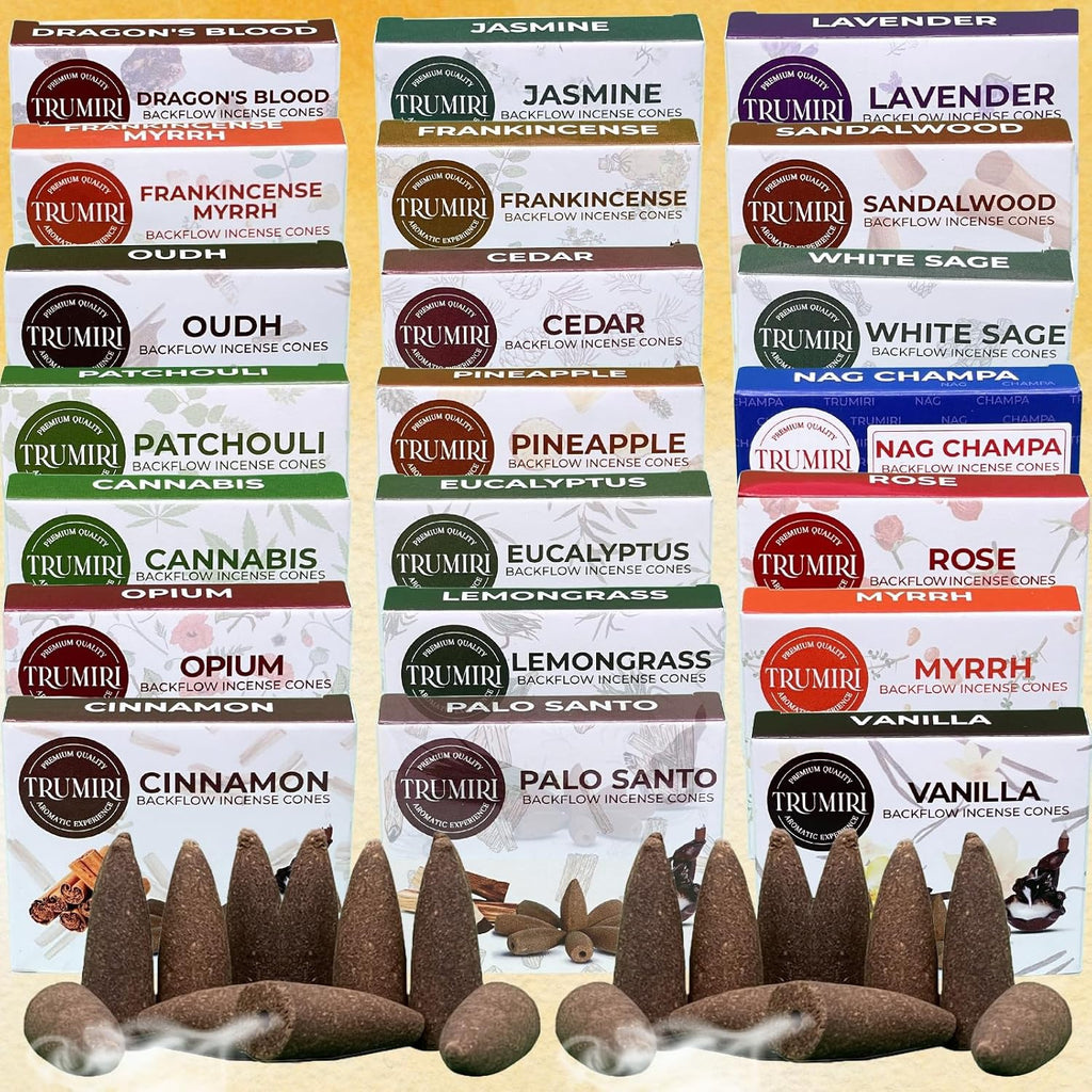 Trumiri Backflow Incense Cones for Waterfall Fountain - 6 Random Scents - Insence - Insenses - Large Long Lasting Variety Pack - Inciensos - 10 Cones per Scent - Total 60 Conos