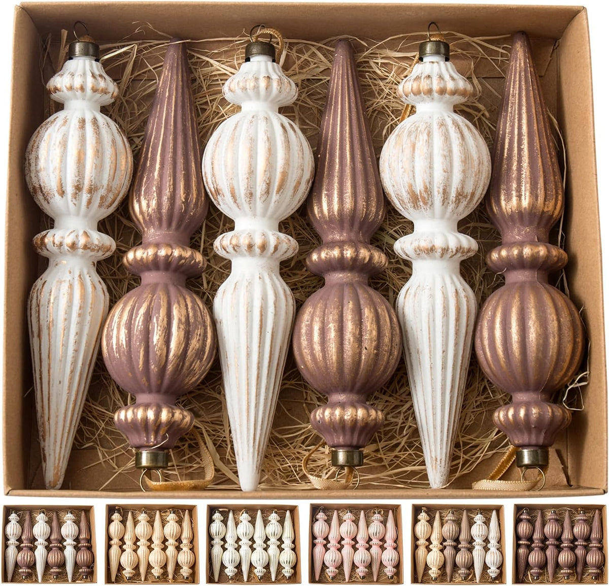 Vintage Finial Christmas Ornaments, 6Pcs Neutral Shatterproof Xmas Tree Ornaments(Classic Color)