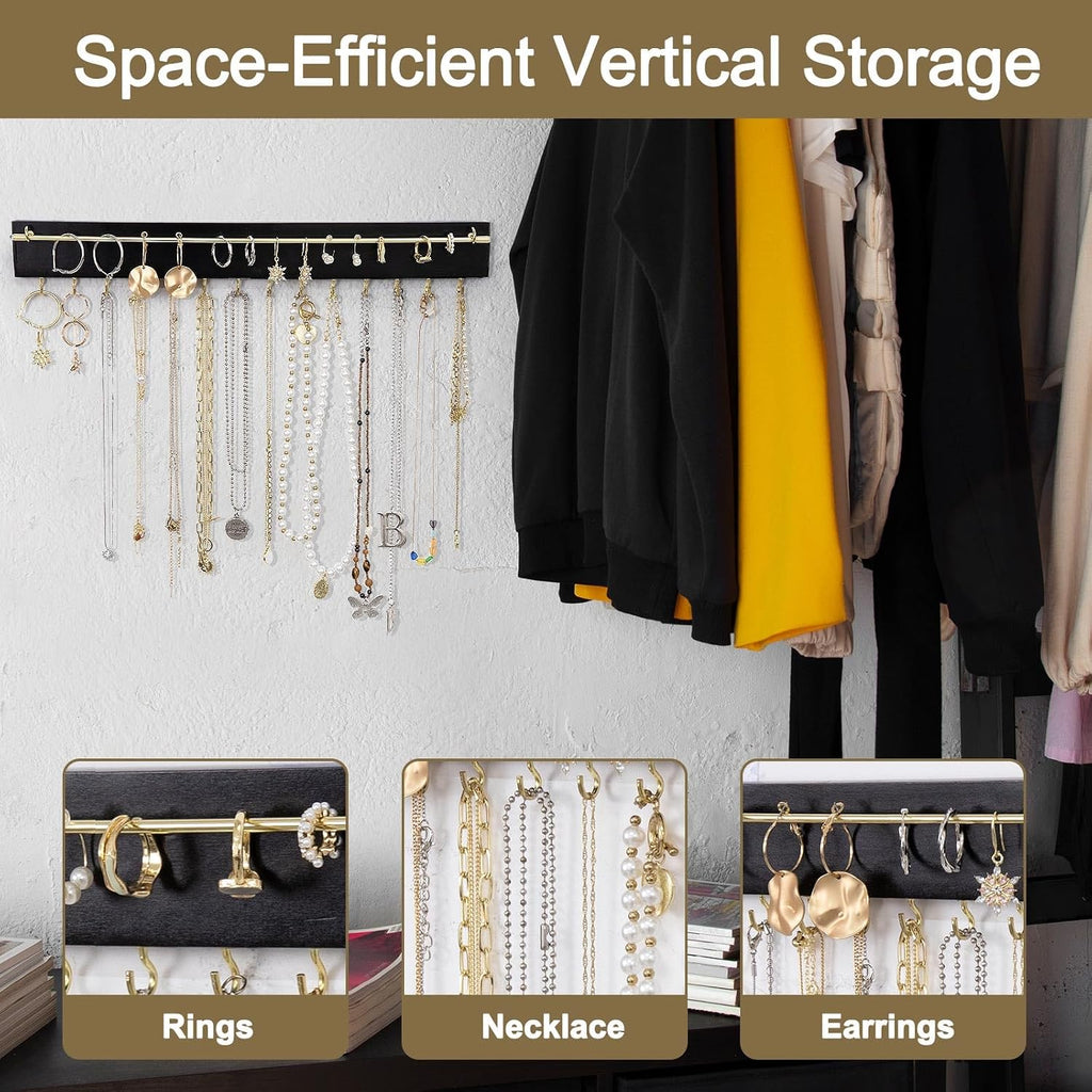 Wall Jewelry Holder Organizer, Adhesive Necklace Organizer Wall Mount, Space Saving Jewelry Rack with 14 Hooks and Holder, Wooden Display Shelf for Necklace, Earing, Ring, Bracelet(Black)
