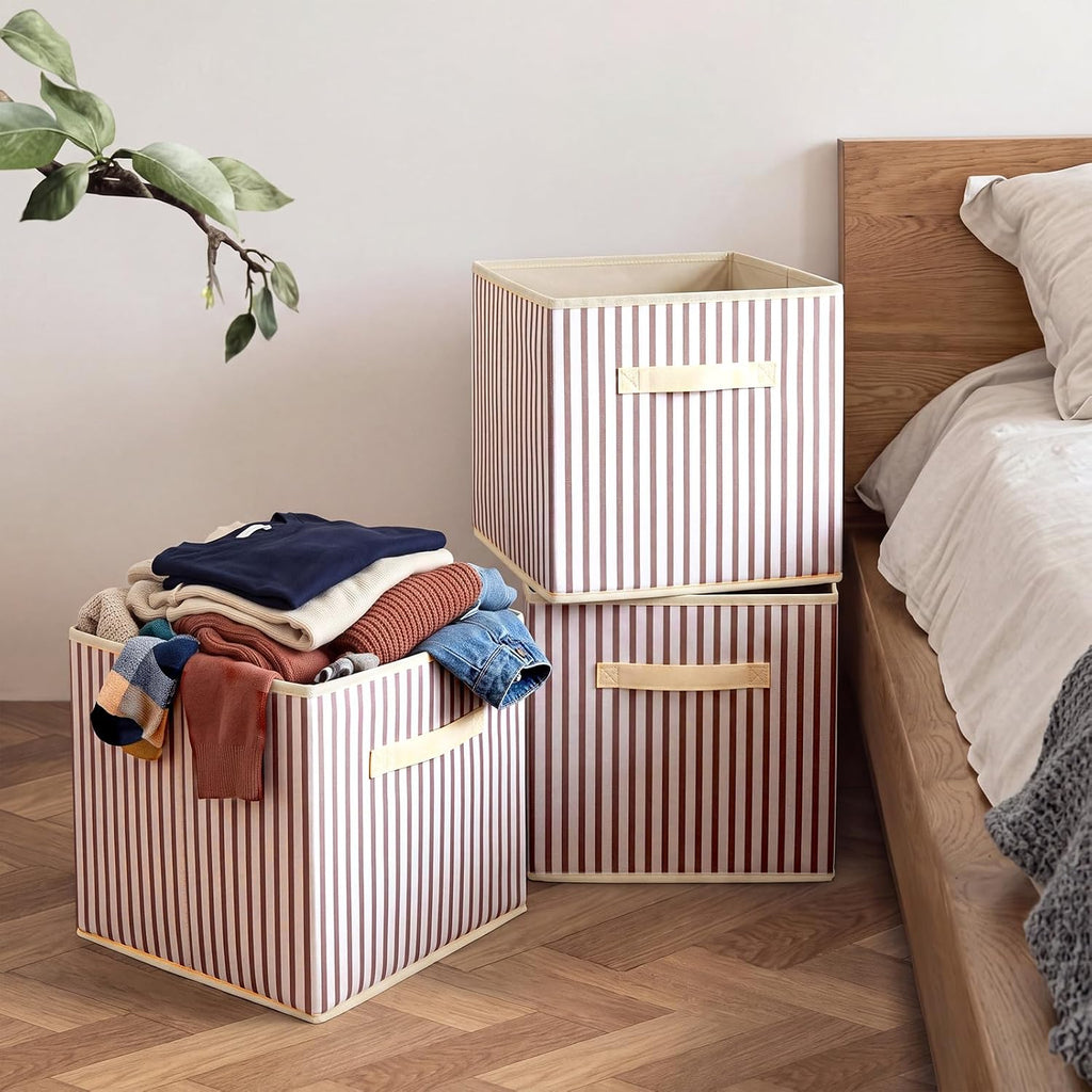 Amyhill 6 Pack Khaki Striped Basics Collapsible Fabric Storage Bins