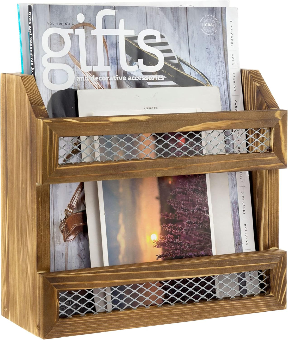 MyGift Rustic Burnt Solid Wood Magazine Holder with Decorative Chicken Wire Rail, Wall Mountable Storage Organizer Rack for Upright Display of Magazines