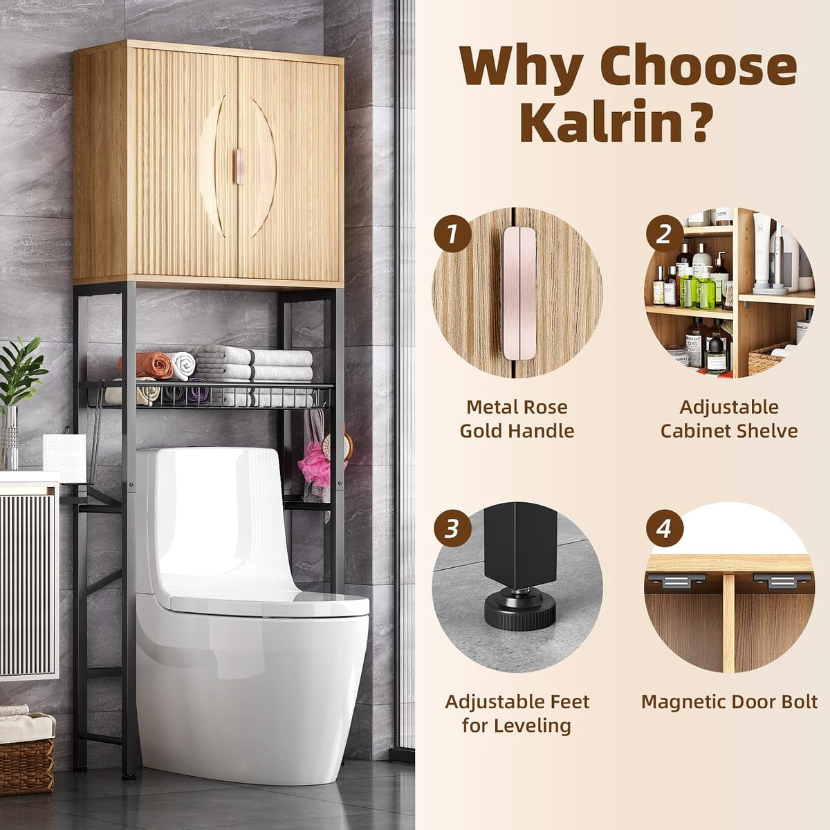 Kalrin Over The Toilet Storage Cabinet with Fluted Wave Doors and Adjustable Shelf, Wood Over Toilet Storage Rack with Drain Basket, Freestanding Bathroom Organizer for Balcony Laundry, Wood & Black
