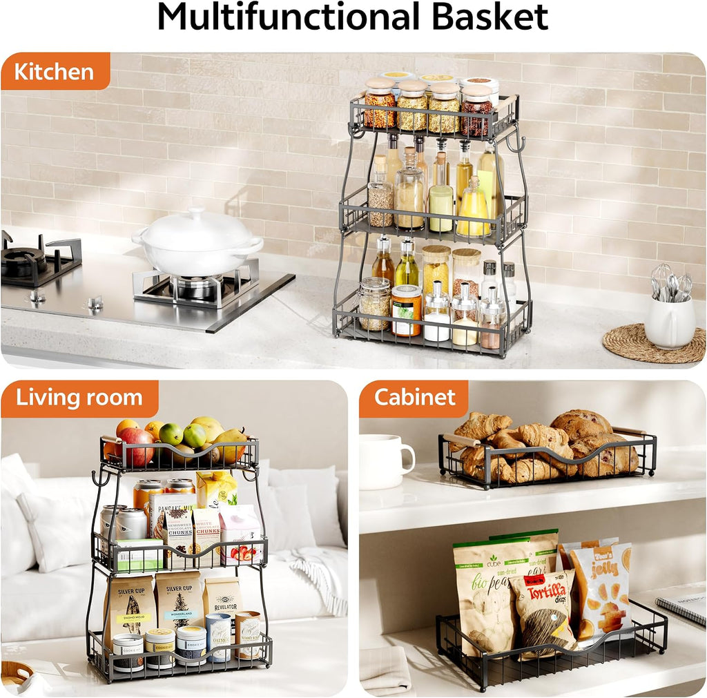 3 Tier Fruit Bowl,Fruit Basket with Banana Hangers,Black