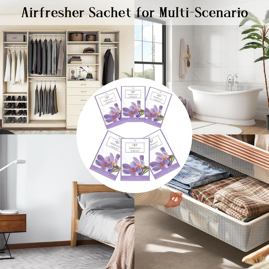 Violet Scented Sachets Bag 6 Pack for Drawers & Closets, Long-Lasting Sachets Bags Wardrobe Freshener, Drawer Deodorizer Fresh Scents Home Fragrance Air Freshener Bags for Home Room