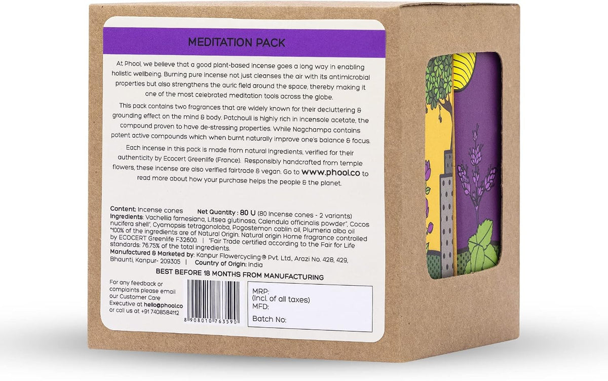 Pack of 2 Natural Incense Cones,Phool Meditation Pack(80 Organic Cones |2 Fragrances:Nagchampa & Patchouli)+1 Free Ceramic Holder |Handrolled |Sulpher & Charcoal Free |100% Organic & Natural 500 GMS