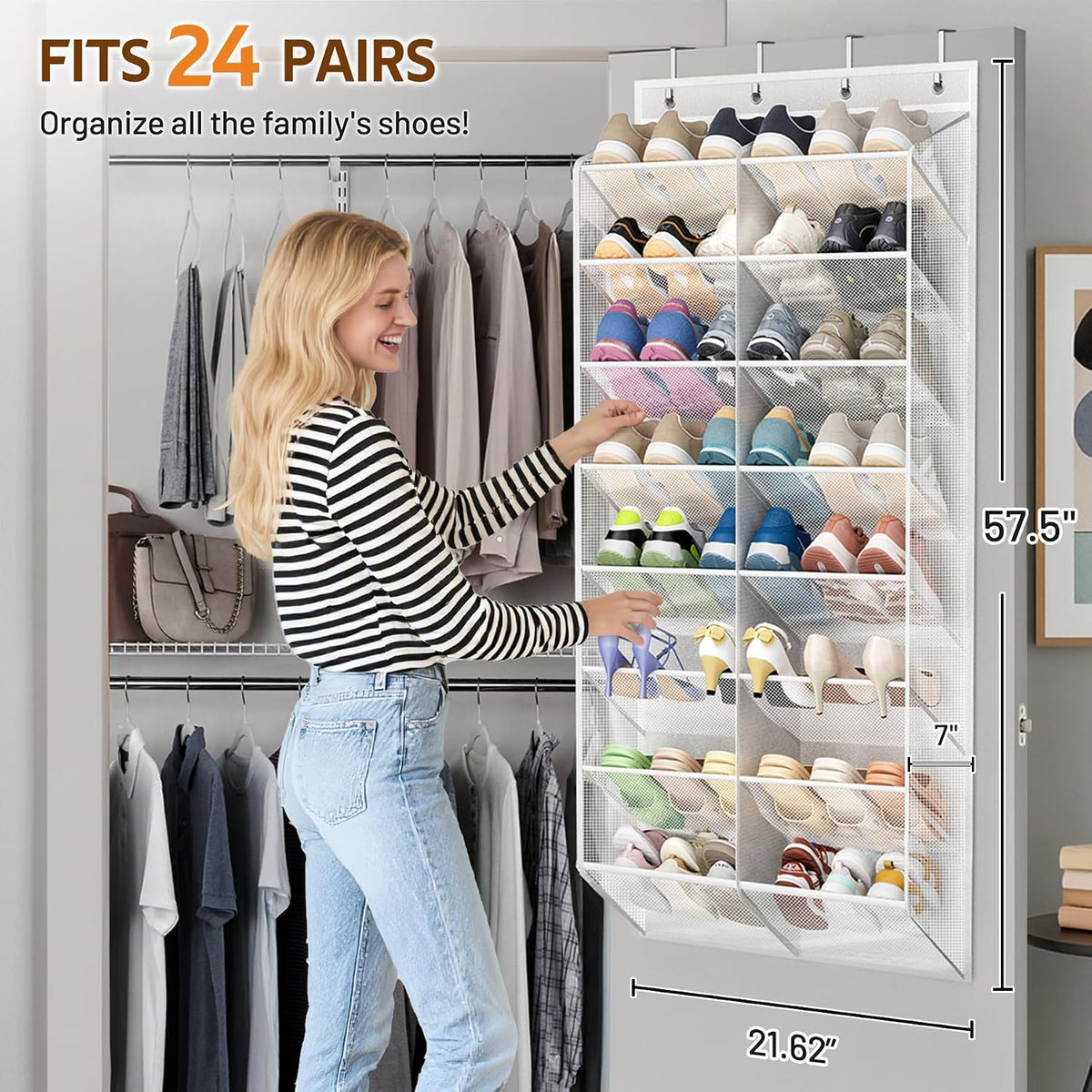 MISSLO 24 Pairs Over the Door Shoe Organizer Breathable Mesh Hanging Shoe Rack for Closet Storage with Wide Deep Pockets 8 Tier Shoes Holder Fit All the Family's Sneakers, Boots, Heels (White, 57.5")