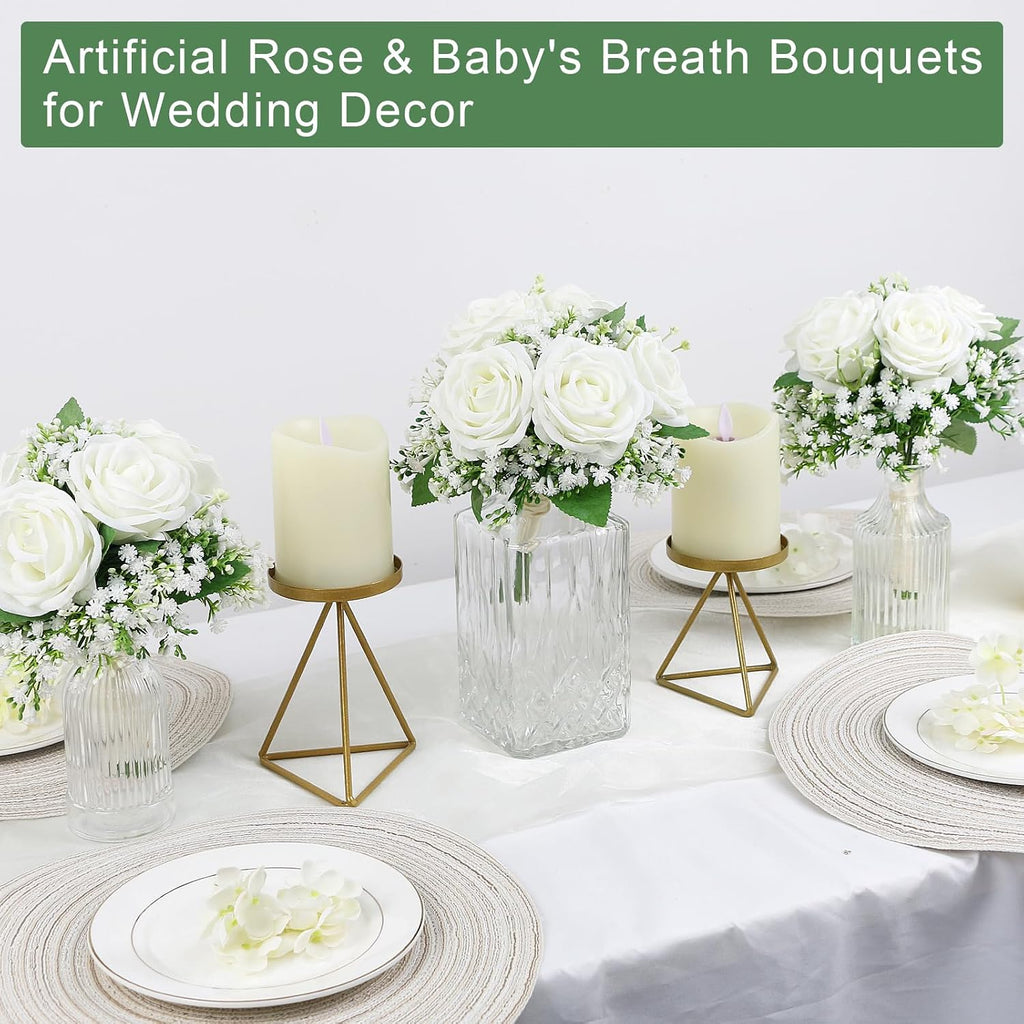 Small Bridesmaid Bouquet for Wedding - Pre-Made Artificial Flower Bouquet for Bridesmaid Silk Rose Babys Breath Bridal Bouquets for Vintage Country Boho Wedding Decorations -7 inch