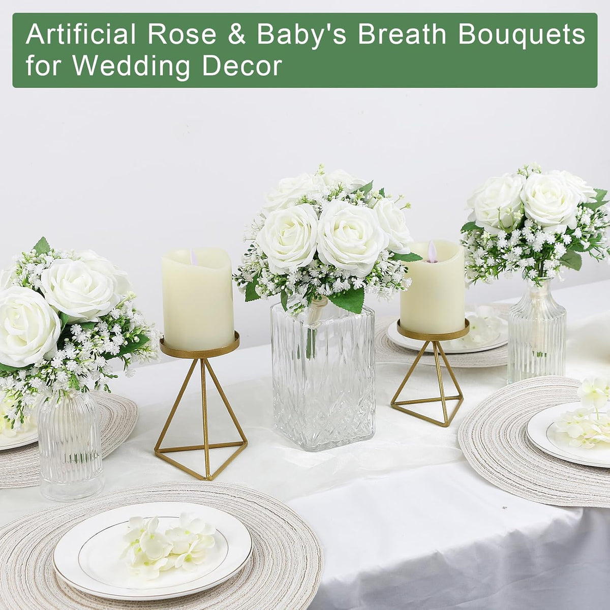 Small Bridesmaid Bouquet for Wedding - Pre-Made Artificial Flower Bouquet for Bridesmaid Silk Rose Babys Breath Bridal Bouquets for Vintage Country Boho Wedding Decorations -7 inch