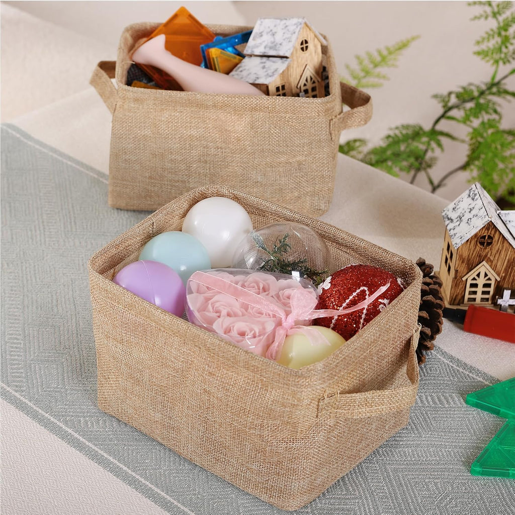 AARAINBOW Storage Basket Bins Canvas Mini Storage Cubes Storage Basket for Makeup, Baby Toys Liners, Books Nursery Storage Baskets with Handles for Shelves & Desks(3 Jute)