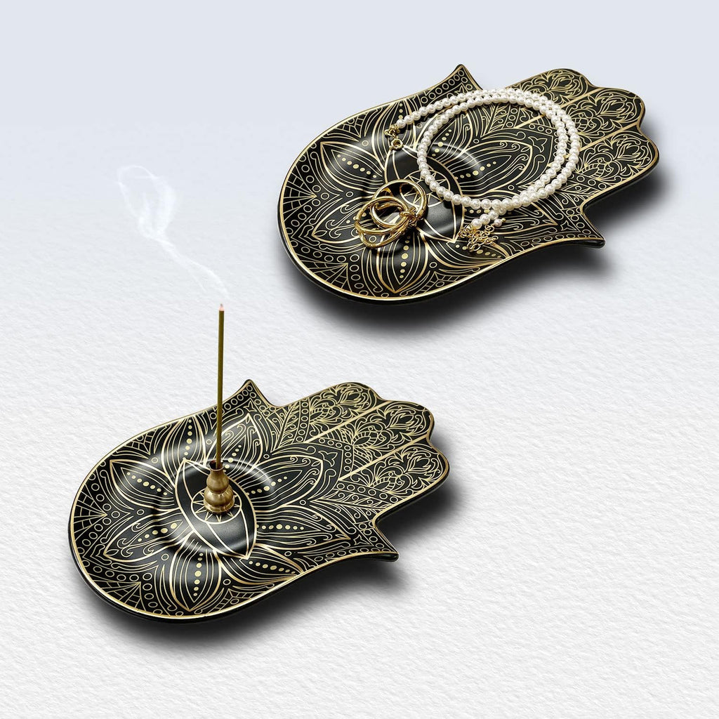 Ceramic Hamsa Hand Incense Holder - 2 in 1 Brass Incense Holder for Sticks and Coil Incense- Zen Decor with Hand of Fatima Design Protection from Evil - 6.2" L X 4.5" W (Black)