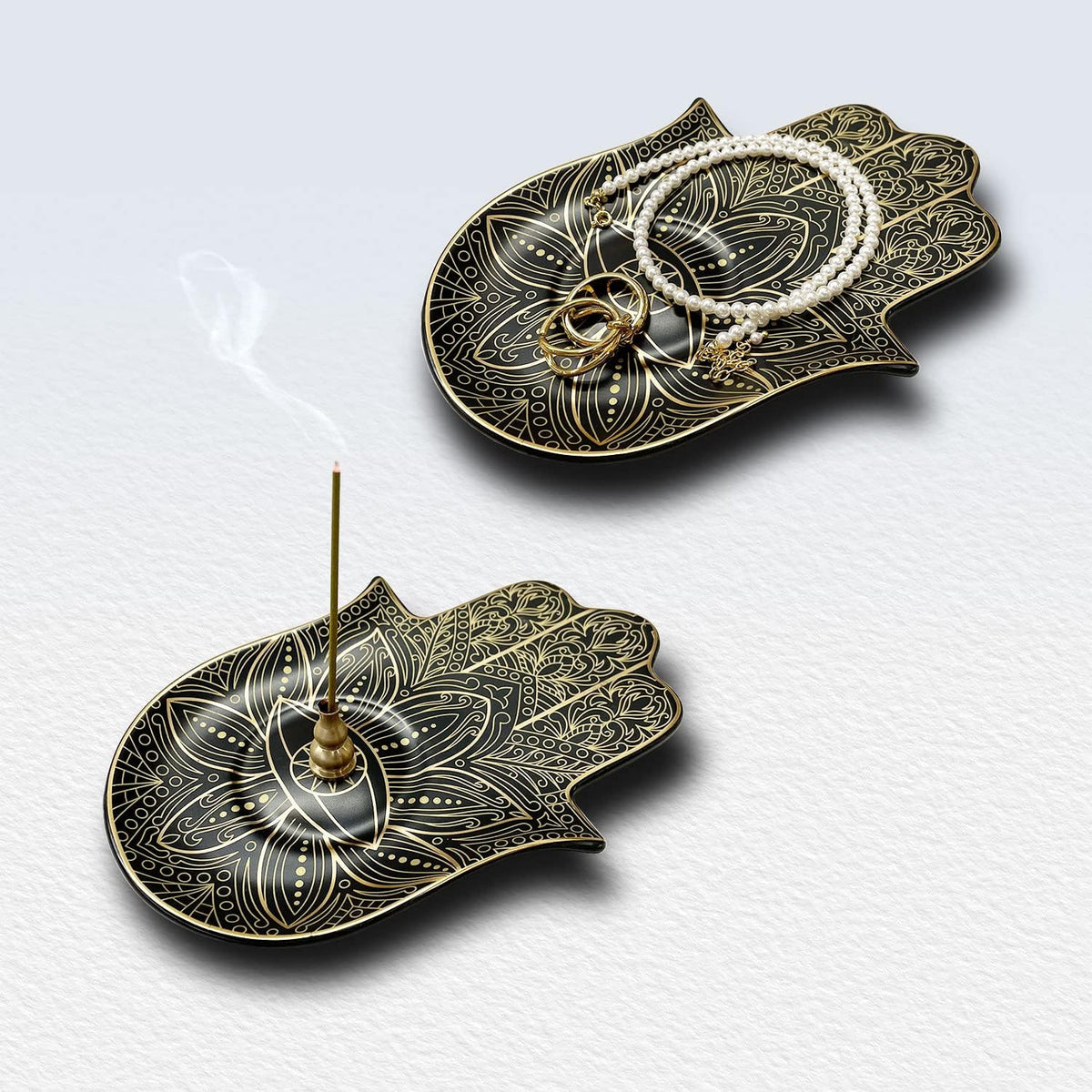 Ceramic Hamsa Hand Incense Holder - 2 in 1 Brass Incense Holder for Sticks and Coil Incense- Zen Decor with Hand of Fatima Design Protection from Evil - 6.2" L X 4.5" W (Black)