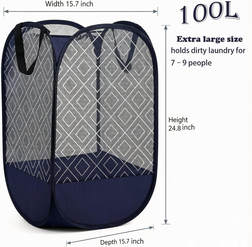 Upgraded 100L Extra Large Mesh Pop Up Laundry Hamper with Handles, Blue