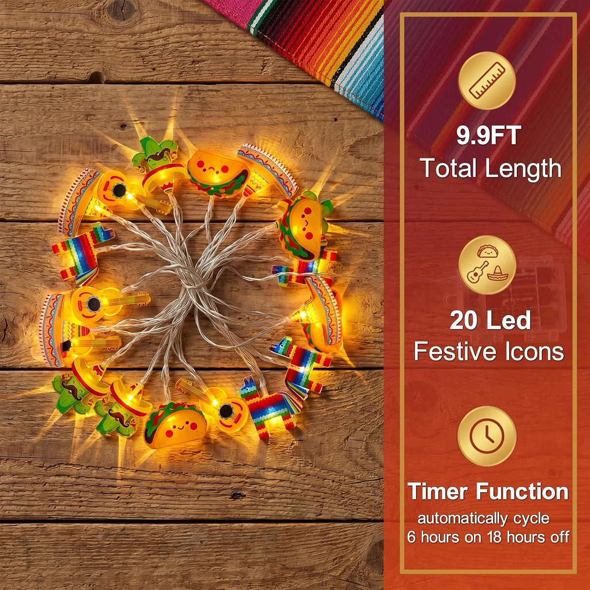 Cinco De Mayo Decorations String Lights, 20Led Battery Operated with Timer