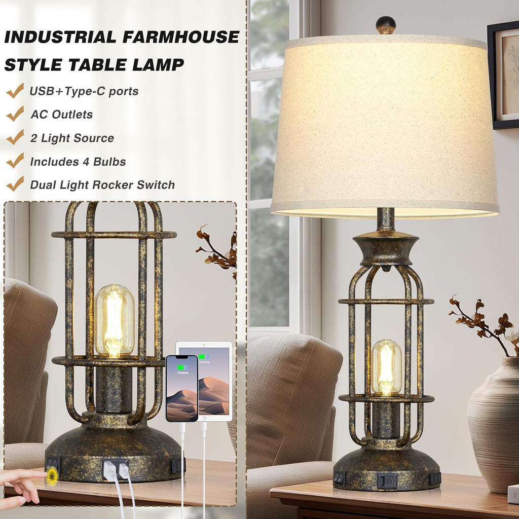 28" Tall Farmhouse Table Lamp with USB C+A Charging Ports & AC Outlet, Rustic Industrial Bedside Lamp for Living Room, Vintage Nightstand Lamp for Bedroom End Table Bronze Single, 2 Bulbs Included