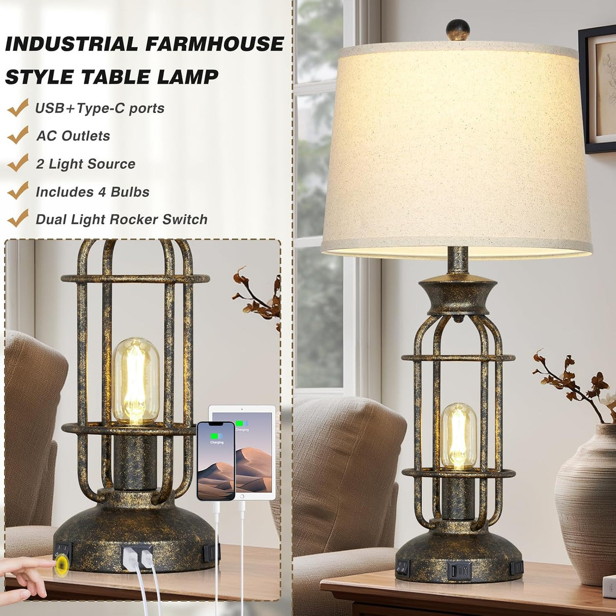 28" Tall Farmhouse Table Lamp with USB C+A Charging Ports & AC Outlet, Rustic Industrial Bedside Lamp for Living Room, Vintage Nightstand Lamp for Bedroom End Table Bronze Single, 2 Bulbs Included