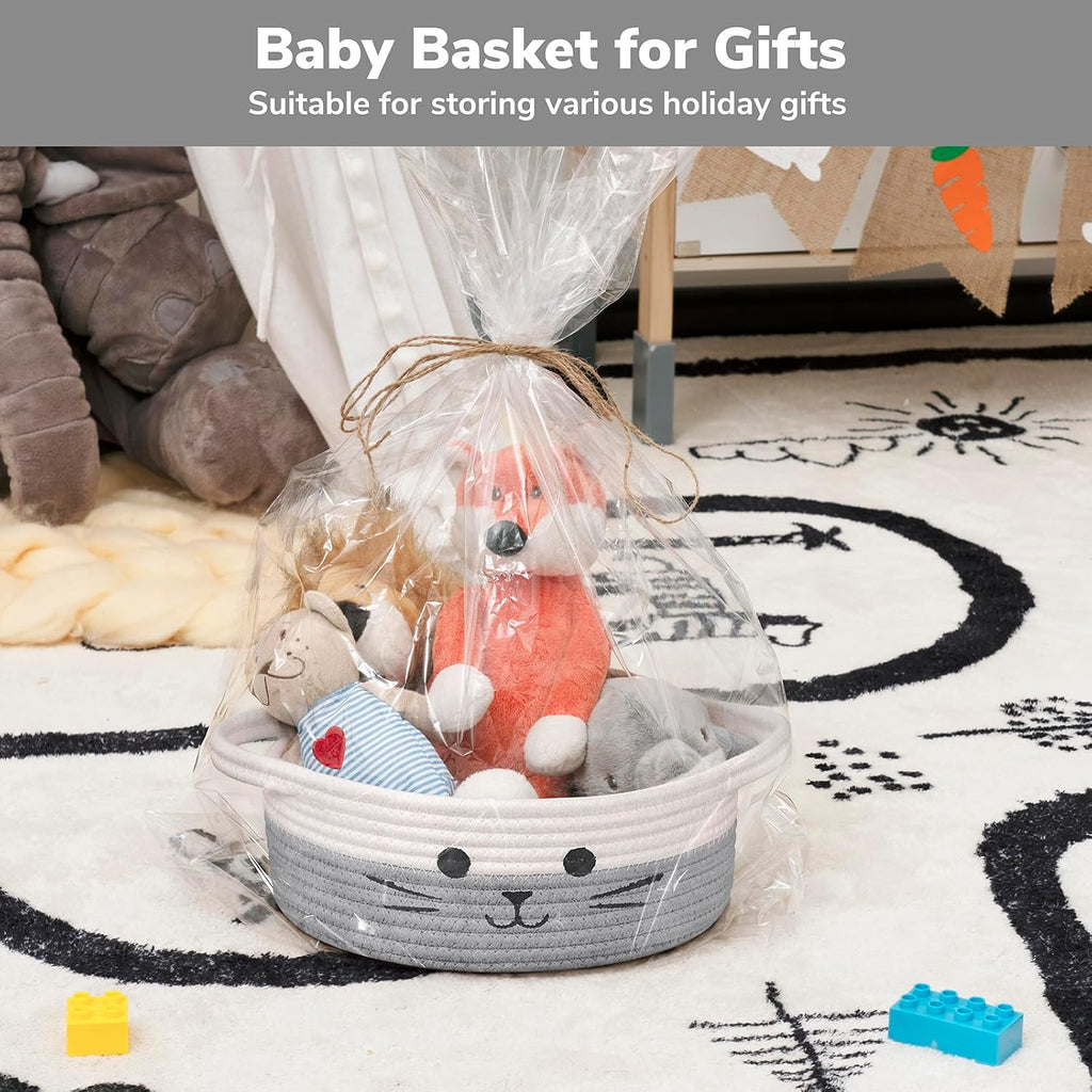 Small Woven Rope Cat Toy Basket with Cat Face Design, White Grey