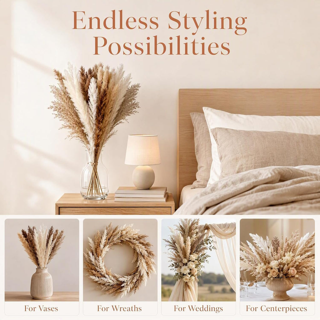 Dried Pampas Grass, 17 Inch, 110 Stems, 6 Bundles, Natural & White Tones