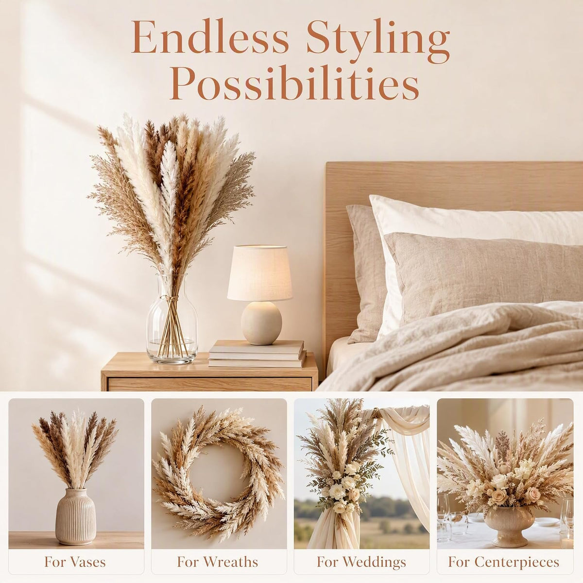 Dried Pampas Grass, 17 Inch, 110 Stems, 6 Bundles, Natural & White Tones