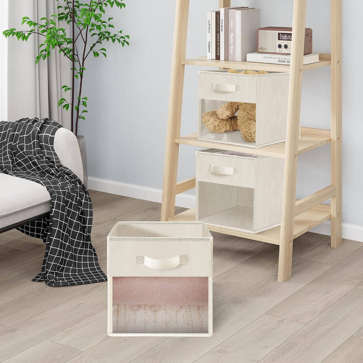 Storage Cubes, 11 Inch Cube Storage Bins With Clear Window, 6 Pack, Foldable Cubes With Handles, Closet Storage Organizer Bins, Cubby Clothing Storage Baskets for Shelves, Beige