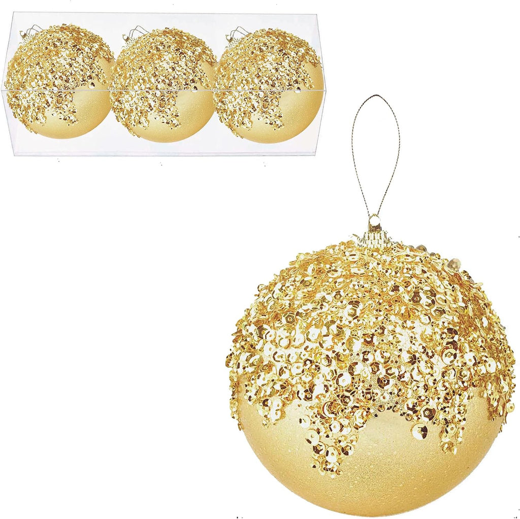 3Pcs Christmas Balls Ornaments -Shatterproof Christmas Ball for Xmas Tree Decorations Hanging,Wedding Party Holiday Decorations Gold Glitter Ball 4.75in x 3 Pack