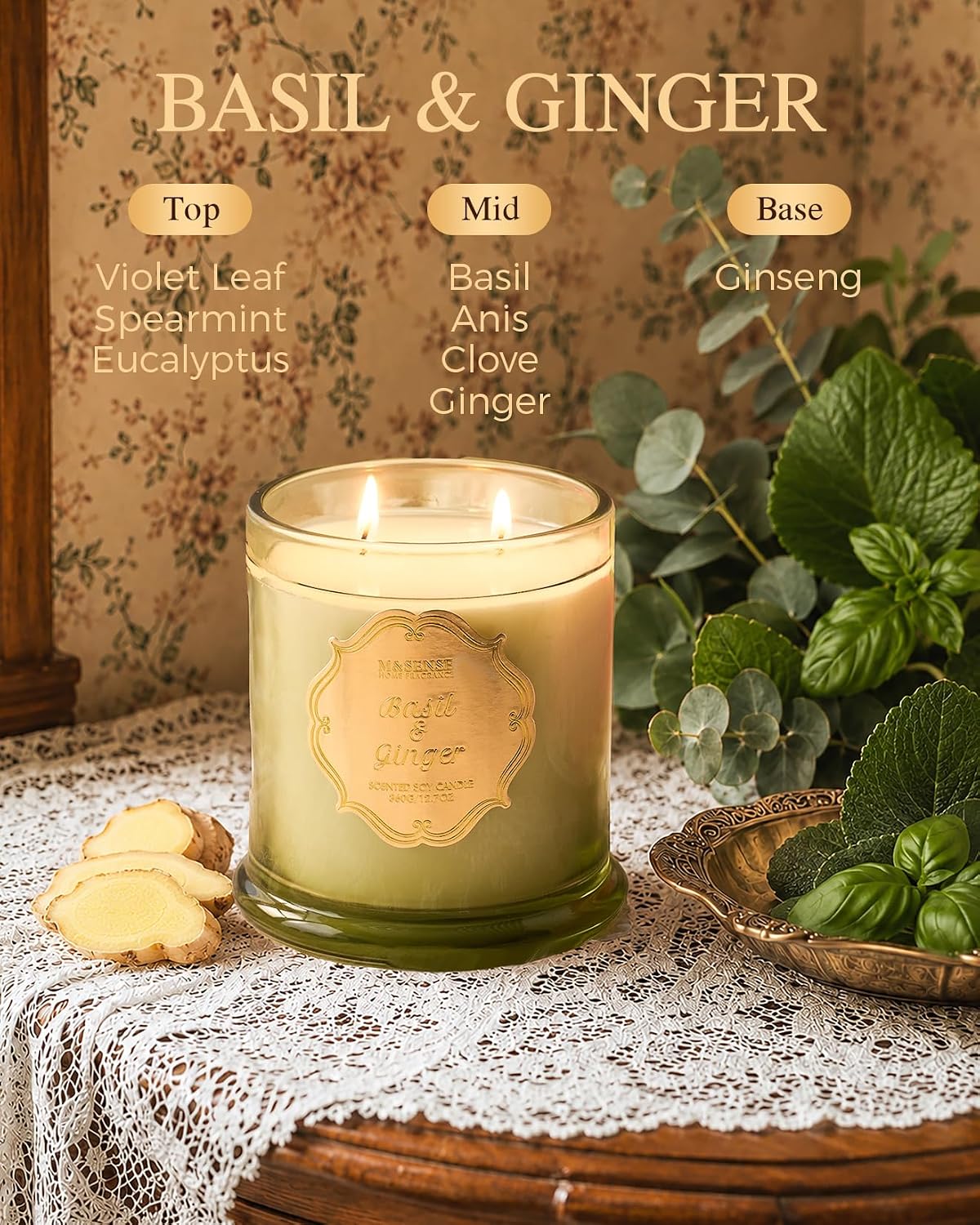 M&SENSE Basil Ginger Non Toxic Large Soy Candle, 12.7oz Home Scent