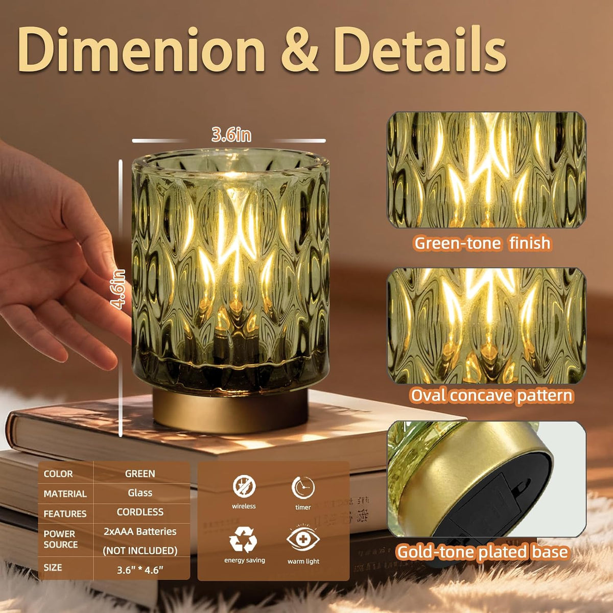 Battery Operated Table Lamp Timer, Small Cordless Lamps Decorative, 2 Green