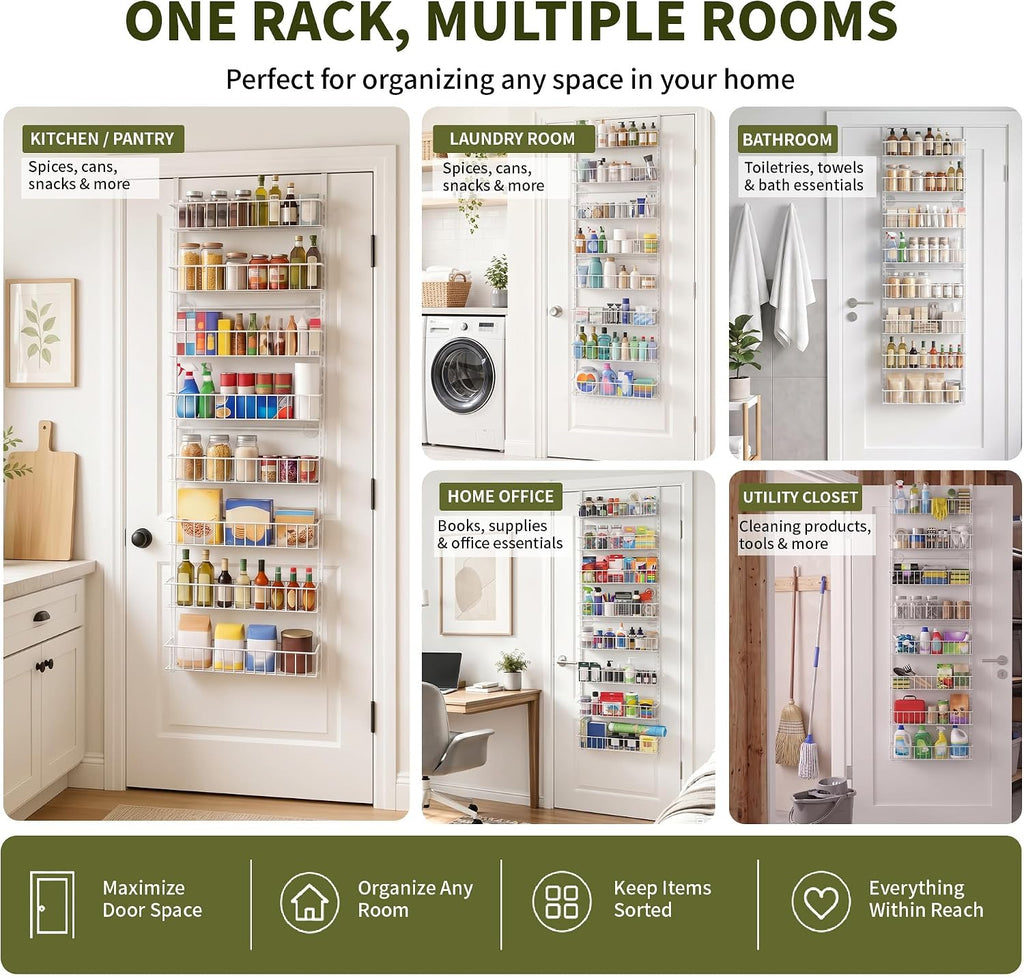 ElegantArray 8-Tier Pantry Door Organizer, Hanging Storage Basket, White