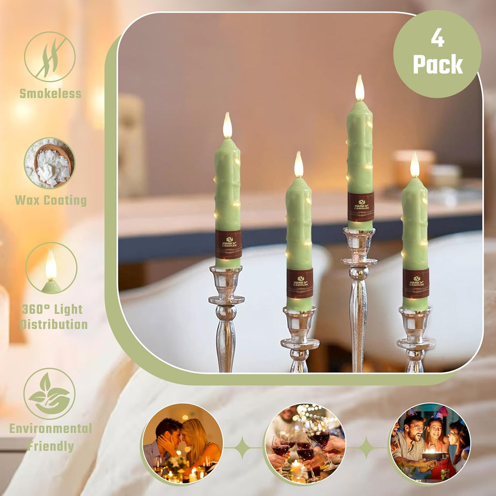 6.5 inch Green Flameless Candle with String Light Window Candles with Remote Timer Battery Operated Taper Candle LED Taper Candles Set of 4