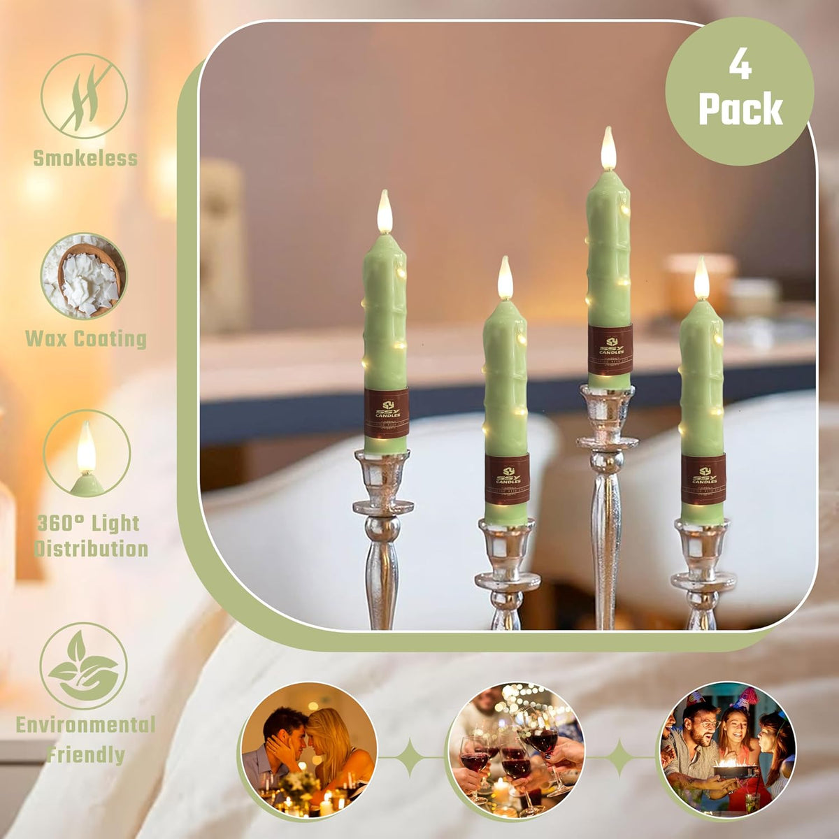 6.5 inch Green Flameless Candle with String Light Window Candles with Remote Timer Battery Operated Taper Candle LED Taper Candles Set of 4