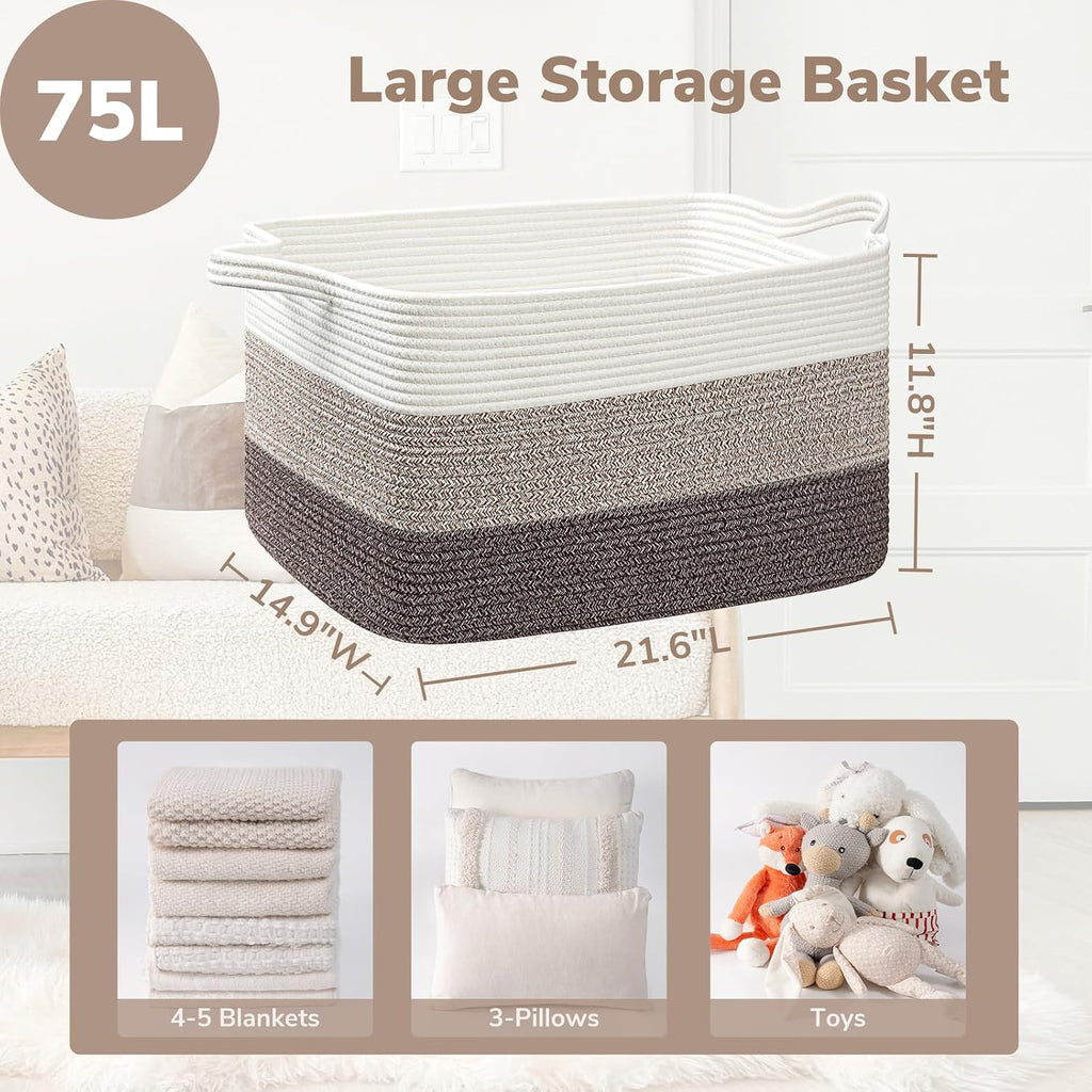 Goodpick Large Woven Rope Blanket Basket, Rectangle, White Brown