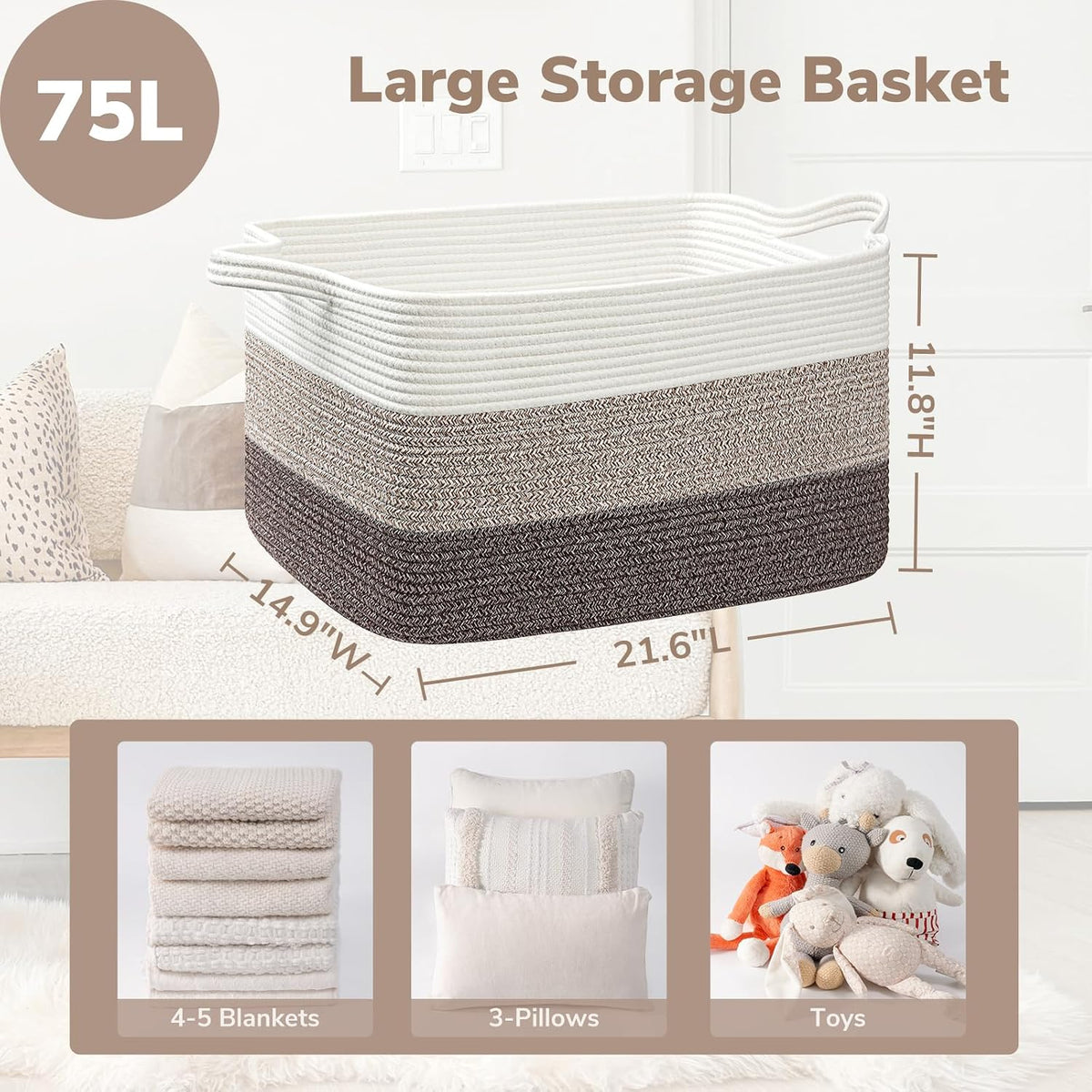 Goodpick Large Woven Rope Blanket Basket, Rectangle, White Brown