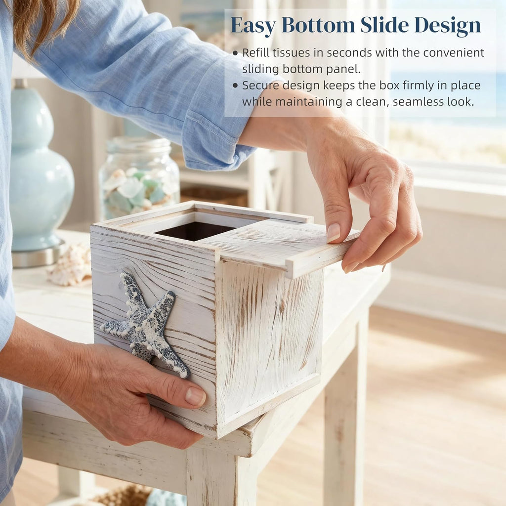 Coastal Tissue Box Cover Wooden Retro with Sliding Bottom Panel Beach Decor for Bathroom Bedroom Living Room,Starfish Decor Suitable for Coastal Gifts Beach House Gifts