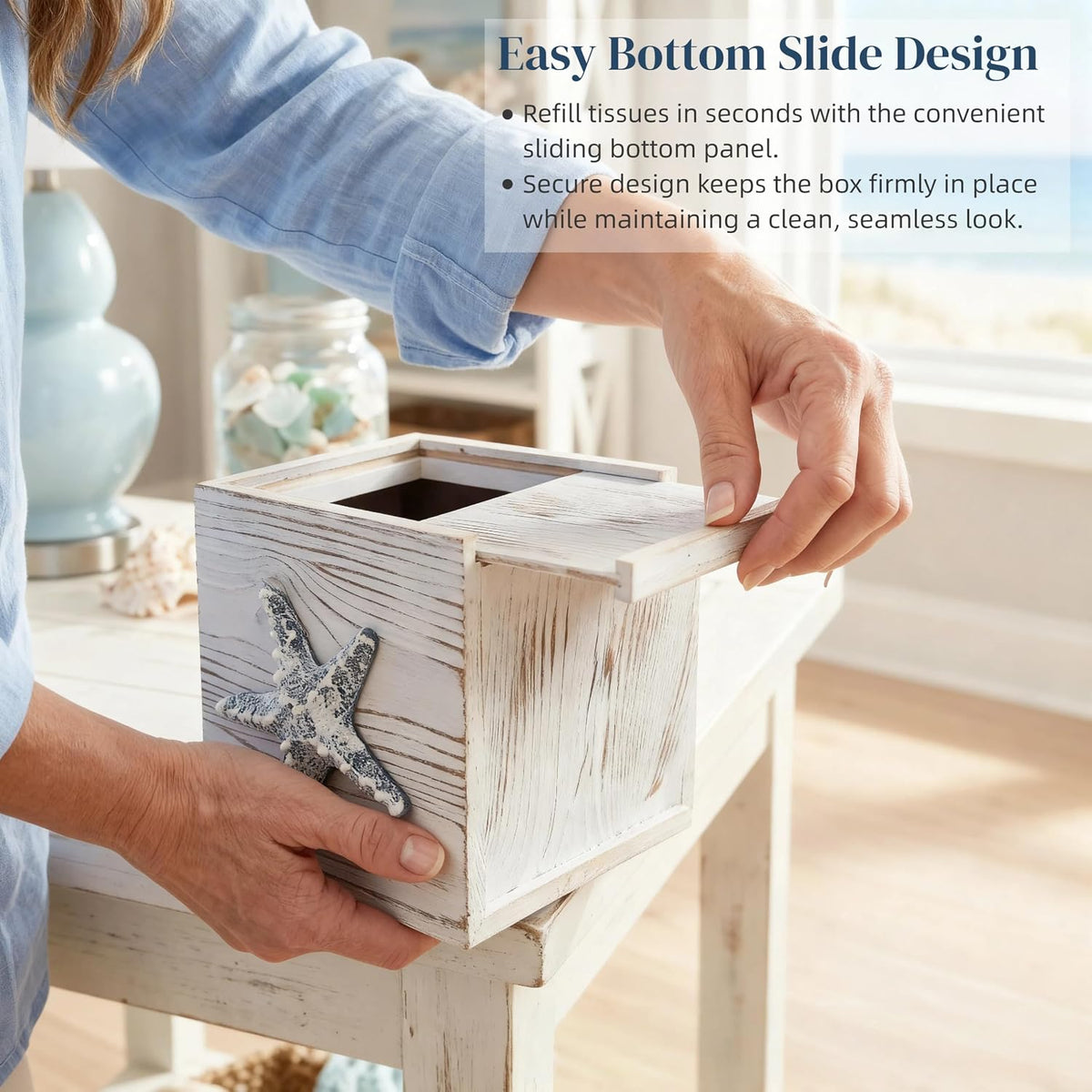 Coastal Tissue Box Cover Wooden Retro with Sliding Bottom Panel Beach Decor for Bathroom Bedroom Living Room,Starfish Decor Suitable for Coastal Gifts Beach House Gifts