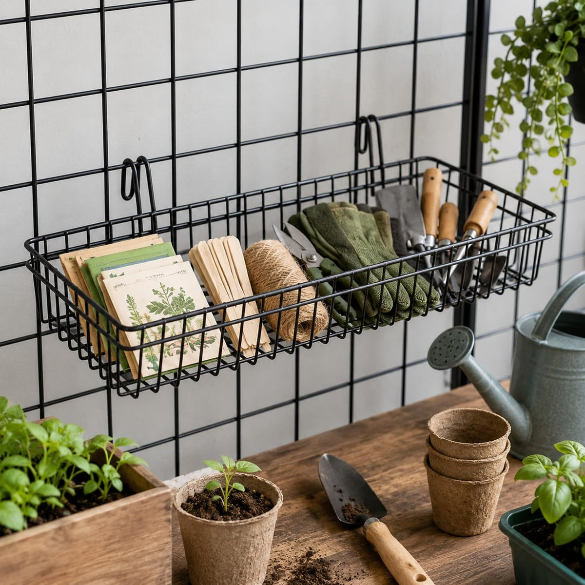 Black Metal Wire Hanging Basket, Multifunction Creative Mesh Wall Grid Holder Storage Organizer Plant Holder Shelf Flower Pots Black Coated