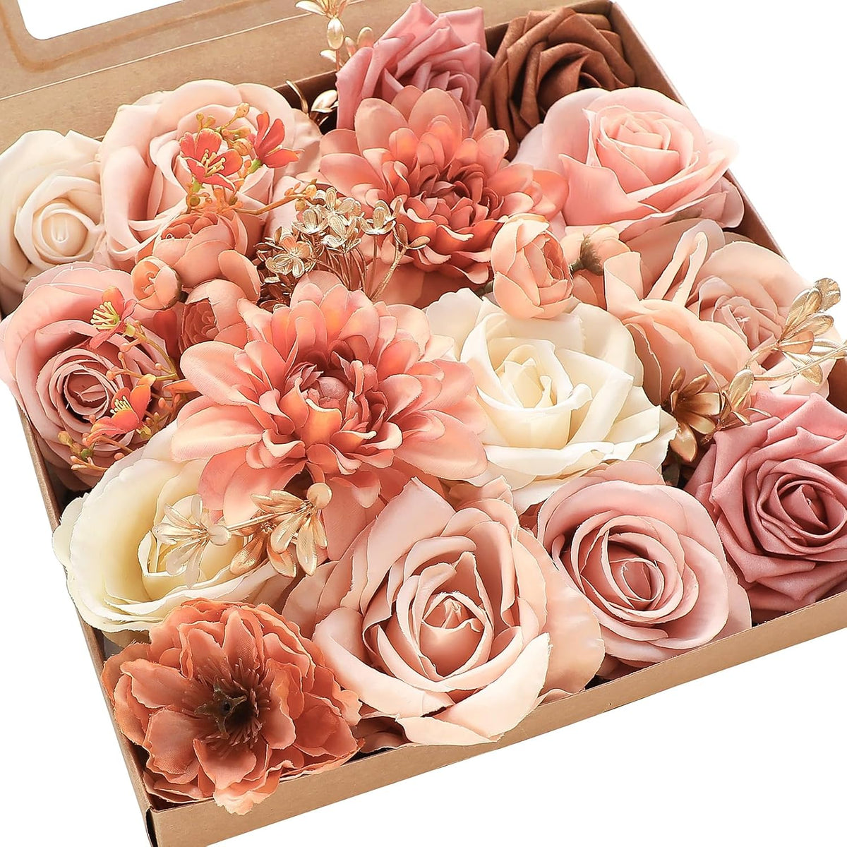 Floroom Terracotta Artificial Flowers Burnt Orange Fake Roses Dahlias and Greenery Combo Box Set for DIY Wedding Bouquets Bridal Shower Centerpieces Floral Arrangements Party Tables Home Decorations