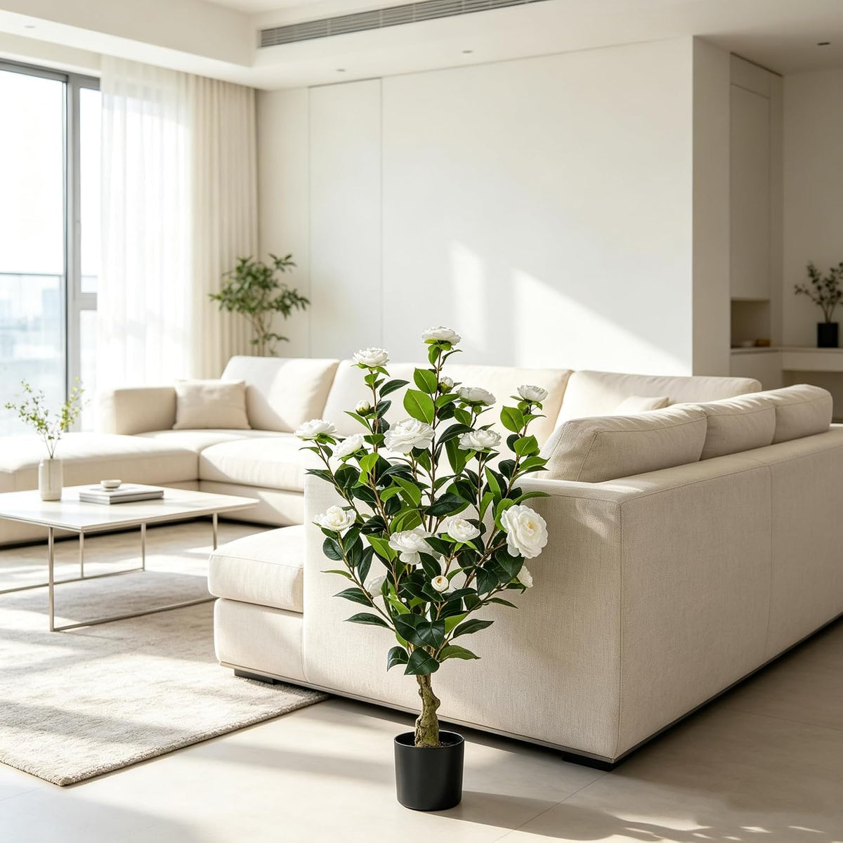 2‑Pack 3FT White Artificial Potted Camellia Tree Home Decor