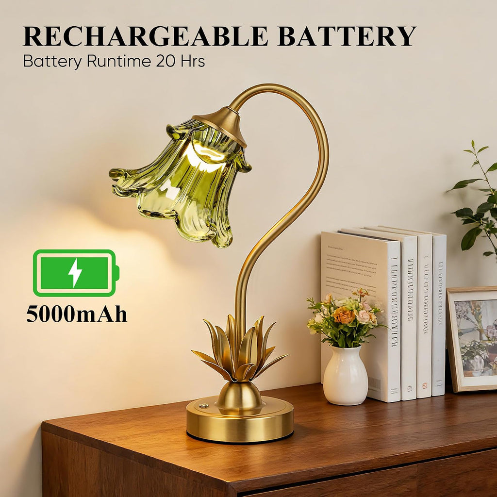 PARTPHONER Cordless Flower Table Lamp with Glass Lampshade, 5200mAh Rechargeable Battery, 3-Color Dimmable Touch Control, Portable Desk Lamp for Nightstand, Patio, Camping, Restaurant & Home, Green