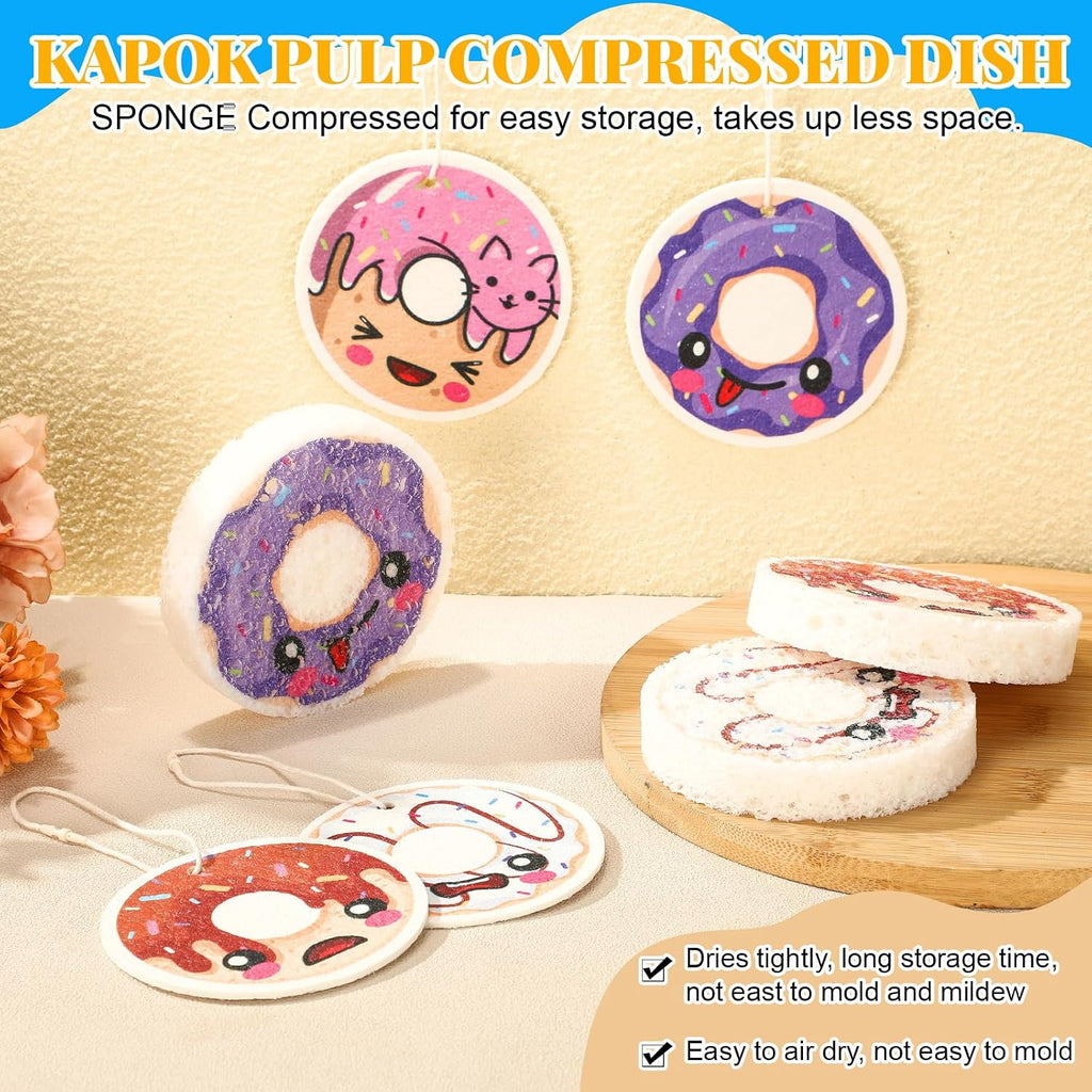 Newtay 8 Pack Cute Kitchen Sponges Dish Set Compressed Non-Scratch Reusable Kitchen Cleaning Household Sponges for Dishes, Pans, Kitchen, Fruit, Plate, Bathroom(Donut)
