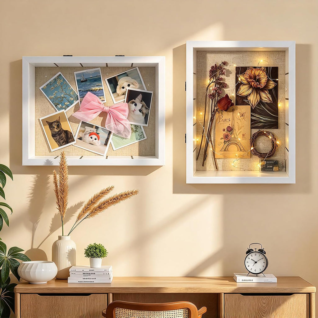 12x16 Shadow Box Display Cases with 4 Removable Clear Shelves, White